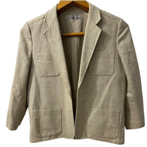 Vintage Liz Claiborne Tan Linen Cotton Open Front Blazer Jacket Size 14 - Picture 8 of 9